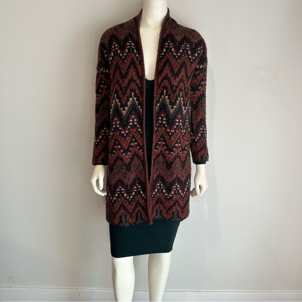 Lucky Brand Open Front Cardigan Sweater Boho Chevron Knit